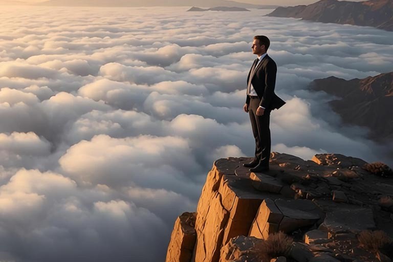 a leader wearing a suit and overlooking a sea of ​​clouds