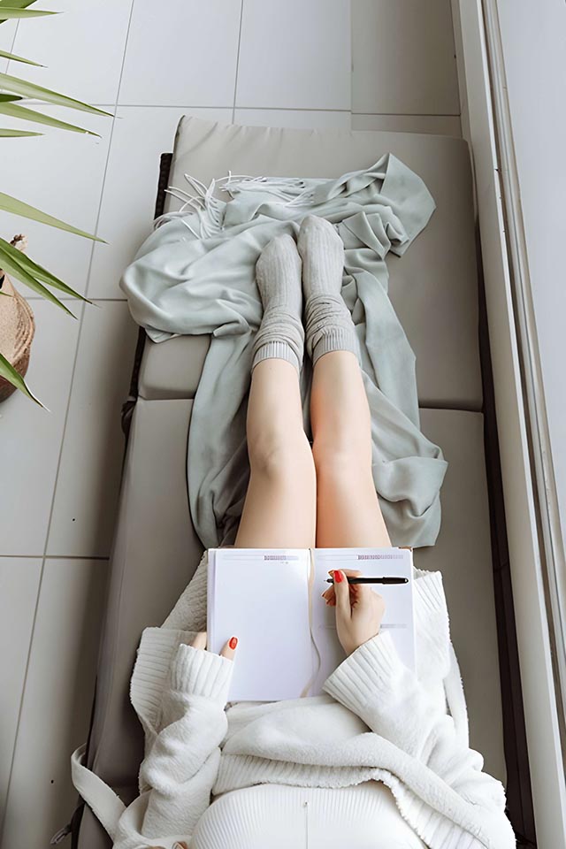 woman lying on the sofa with a notepad and pen